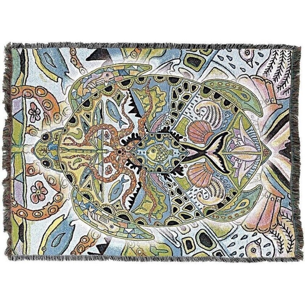 New Turtle Northwest Art Woven Cotton Afghan Throw Blanket Native American Fish